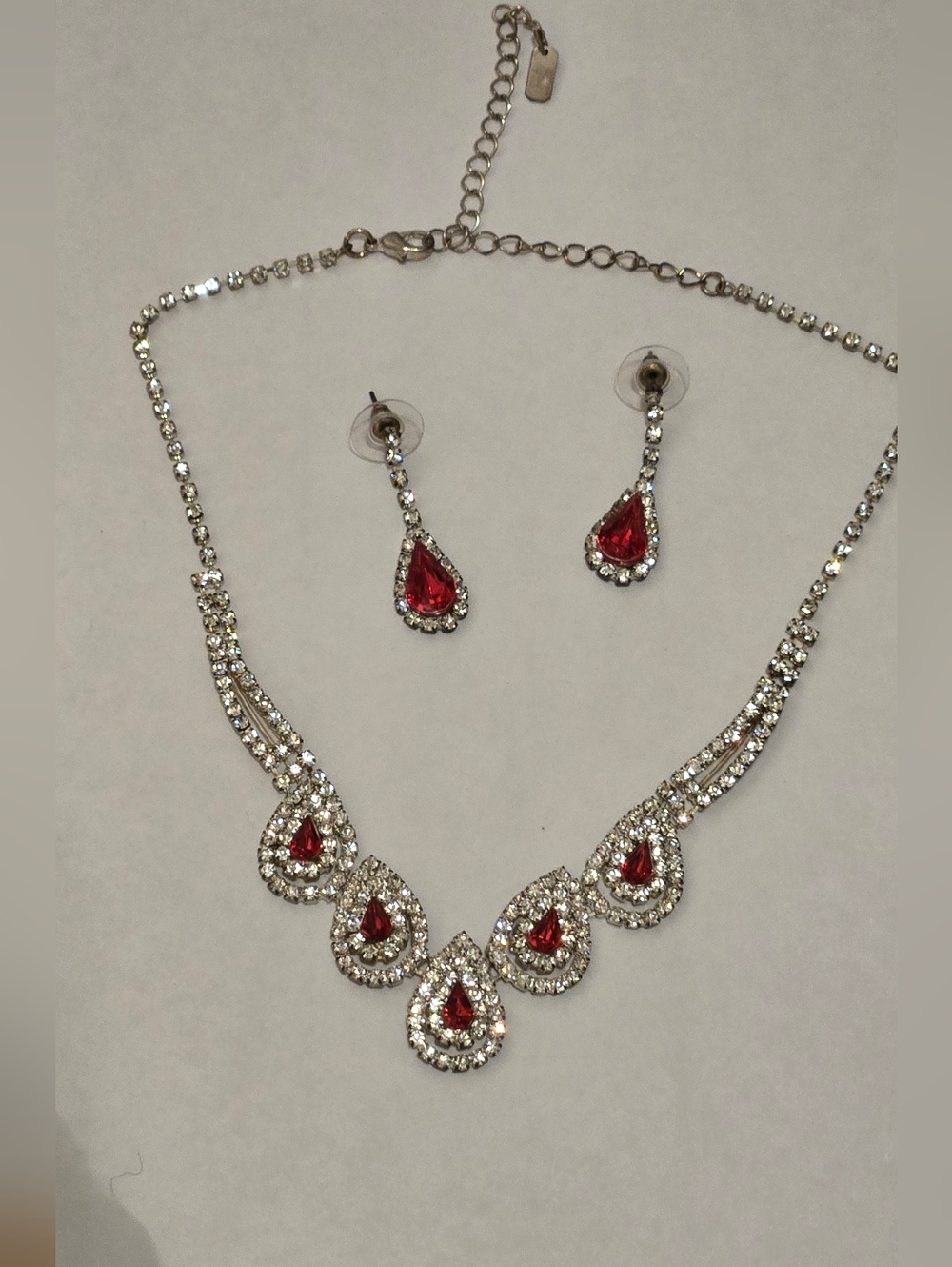 Red Teardrop Crystal Necklace & Earring Set - Designer Look